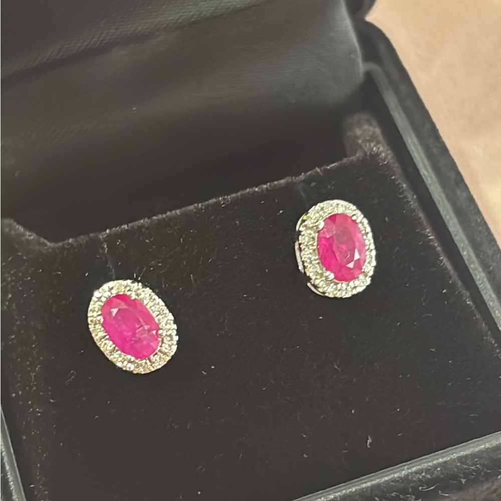 Natural Ruby and natural Diamond  
Solid 14k White gold  Stud Earrings